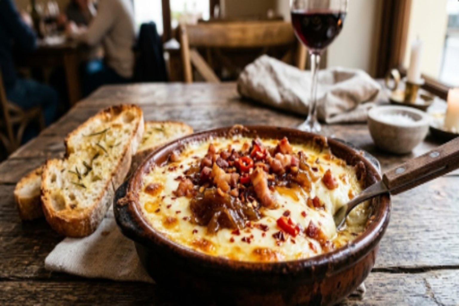 Provolone al horno con cebolla caramelizada y bacon