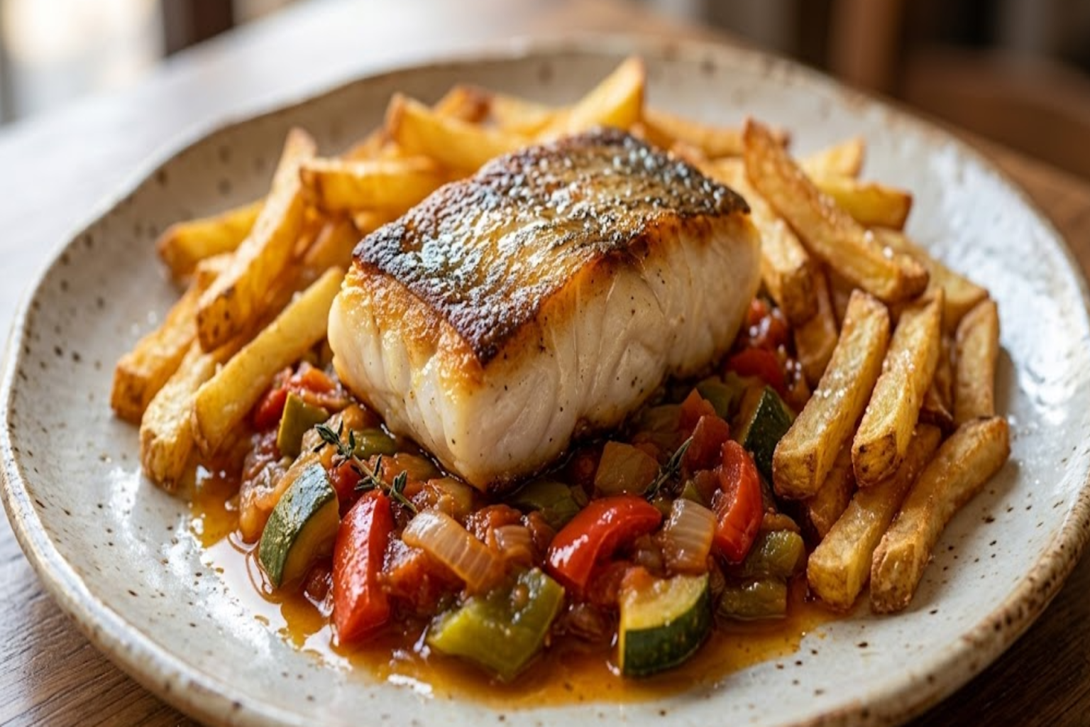 Bacalao con pisto y patatas fritas en El Motocarro Torremolinos