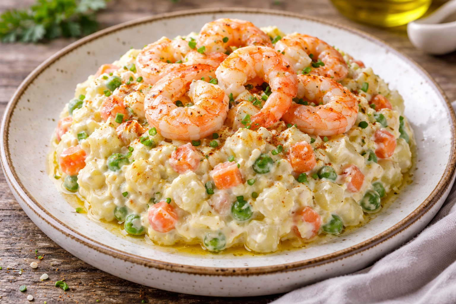 Ensaladas y ensaladilla rusa de langostinos con mayonesa de AOVE