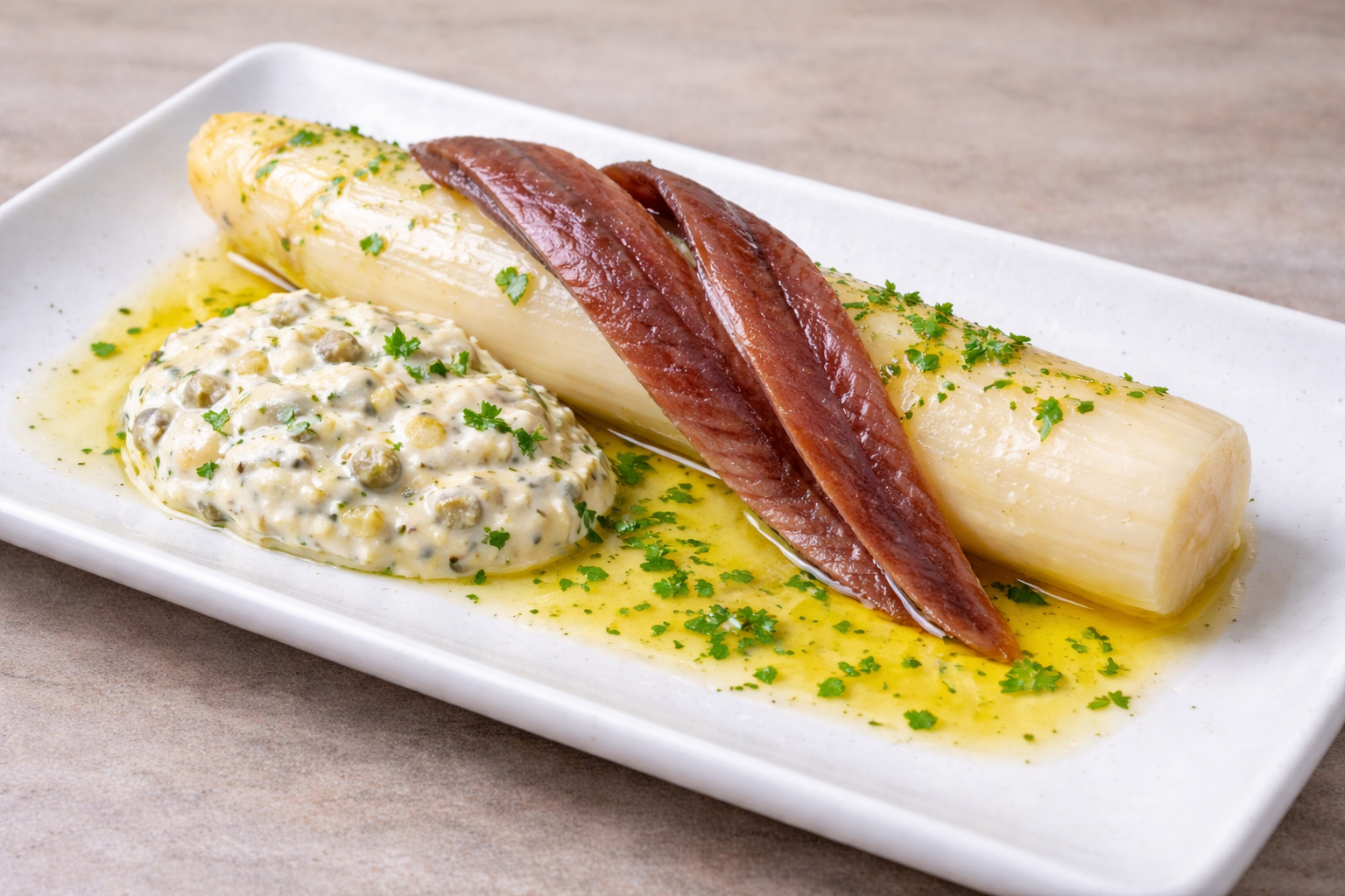 Espárrago extra gordo con anchoa doble 0 y salsa tártara