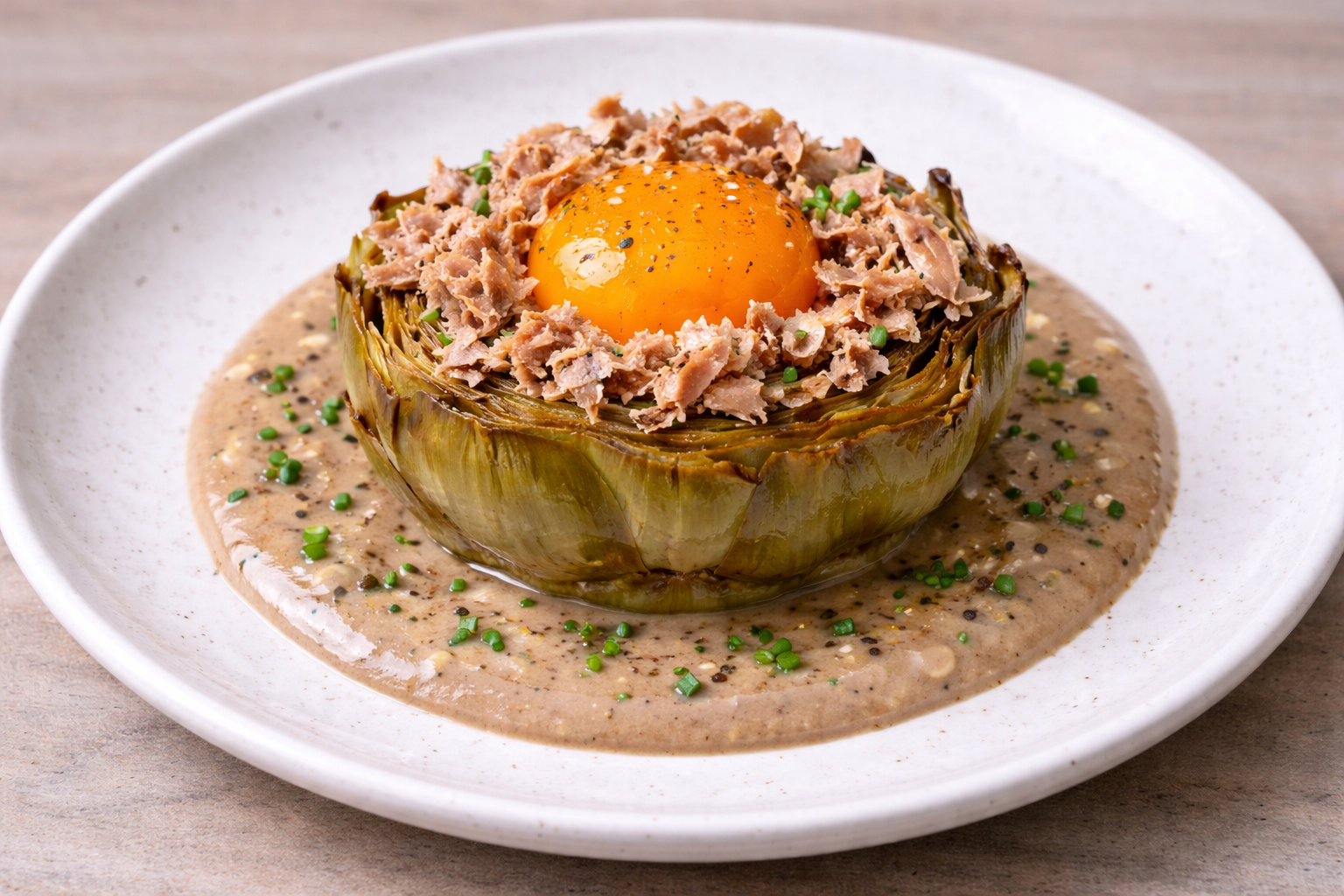 Ensaladas con flor de alcachofa, yema curada y virutas de foie