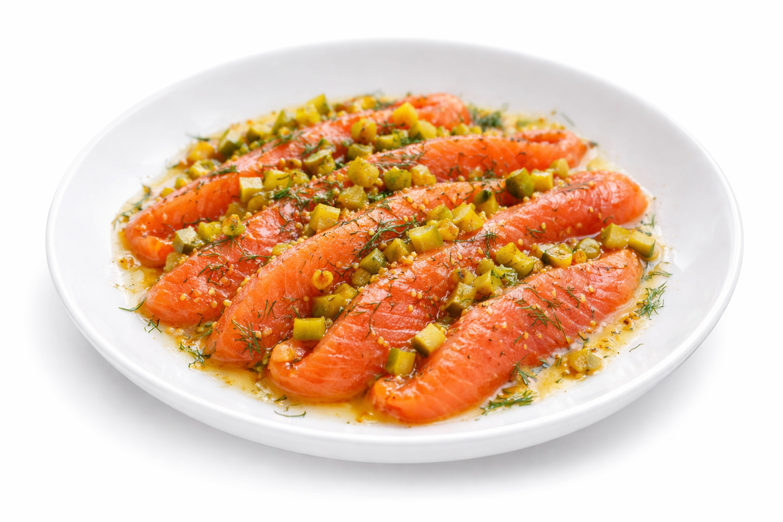 Salmón salvaje ahumado con pepinillos y vinagreta de miel y limón