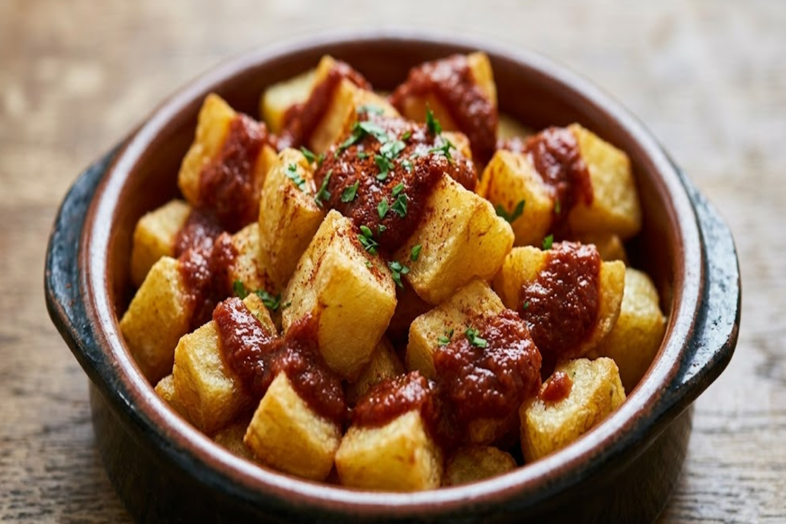 Patatas con salsa brava para compartir en El Motocarro
