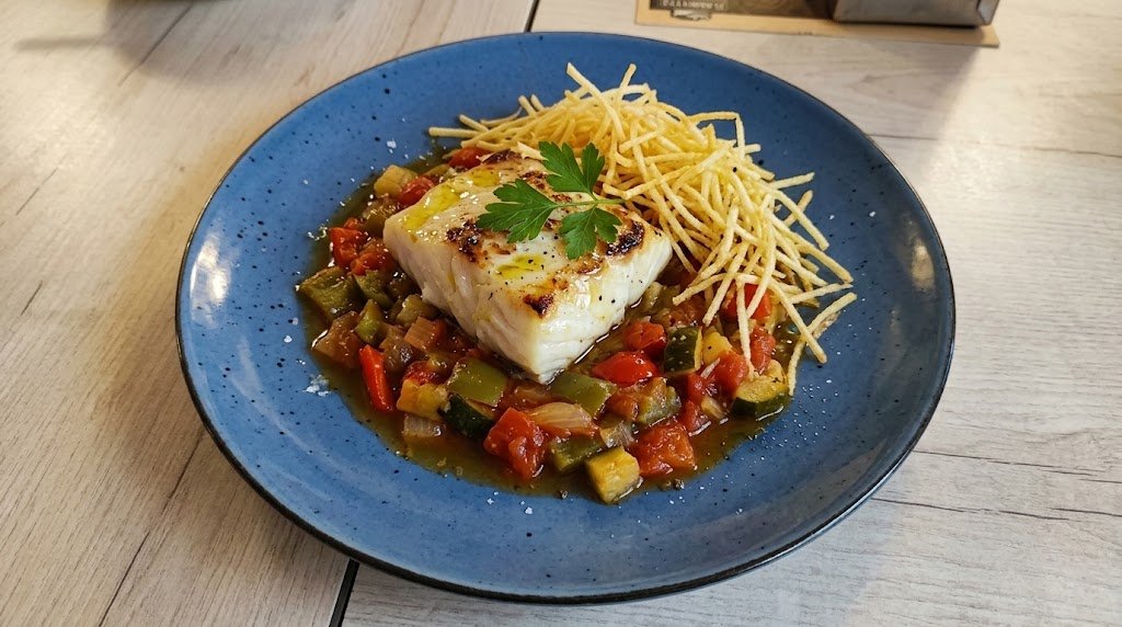 Bacalao con pisto y patatas fritas en El Motocarro Torremolinos