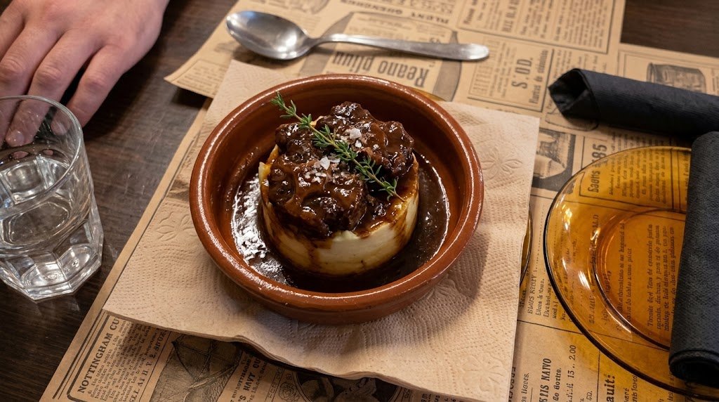 Timbal de rabo de toro con puré de patatas en El Motocarro